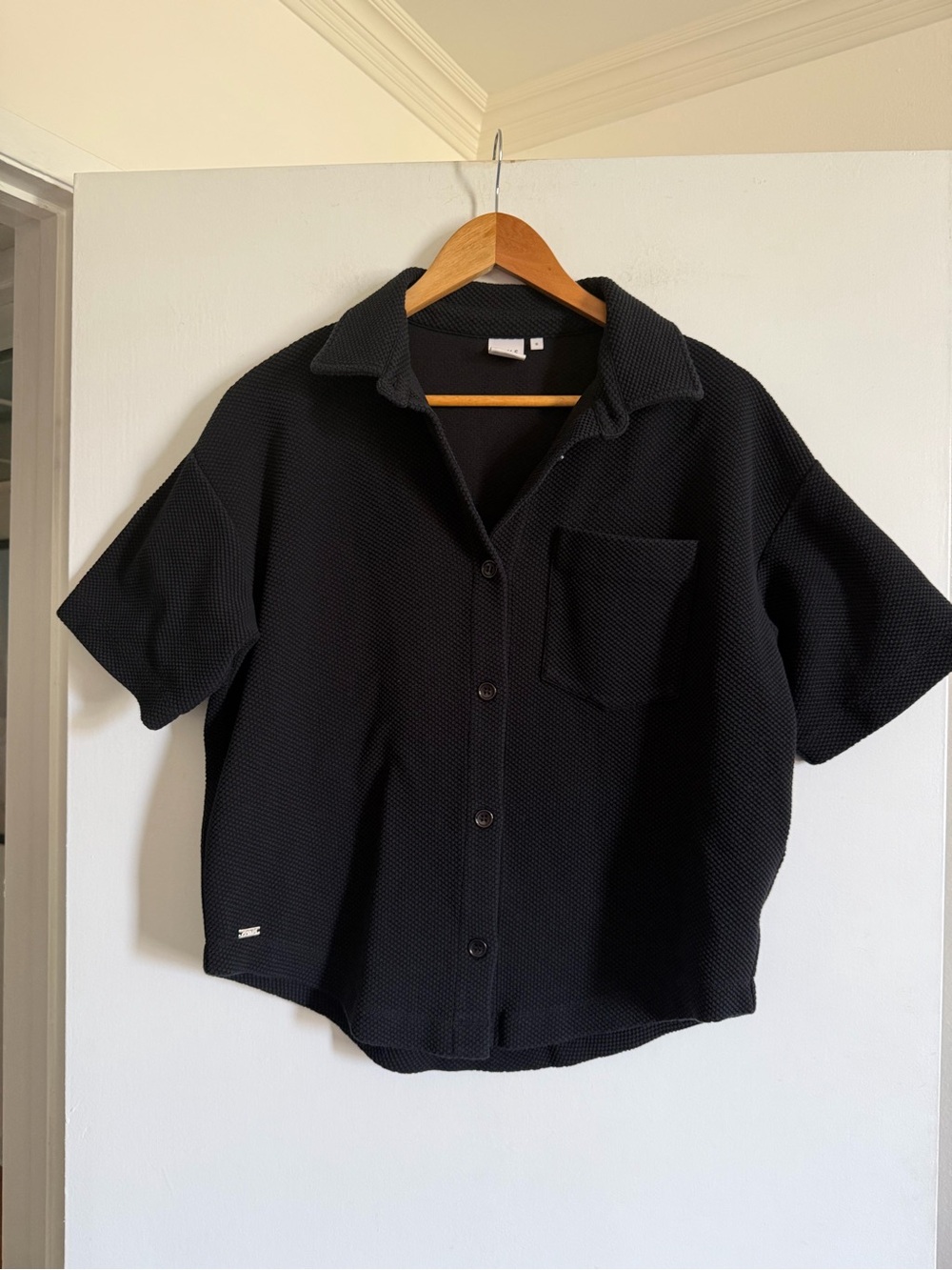 LUNE Active Black Moon Boxy Blouse Textured Button Down Short Sleeve Top size S